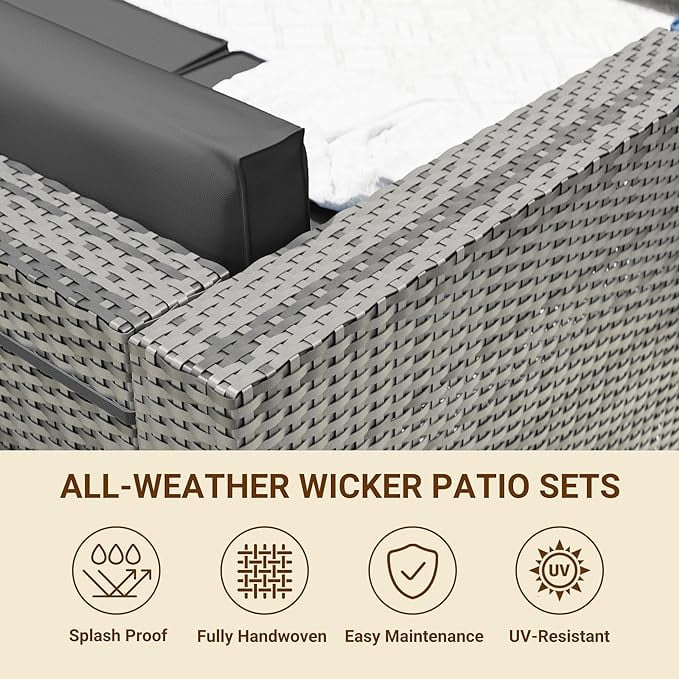 UDPATIO Patio Furniture Sets, Modular Rattan Outdoor Patio Sectional Furniture Sofa Set, Wicker Patio Conversation Set for Backyard, Deck w/Coffee Table, 7PC Grey/Blue (Include Sofa Cover)