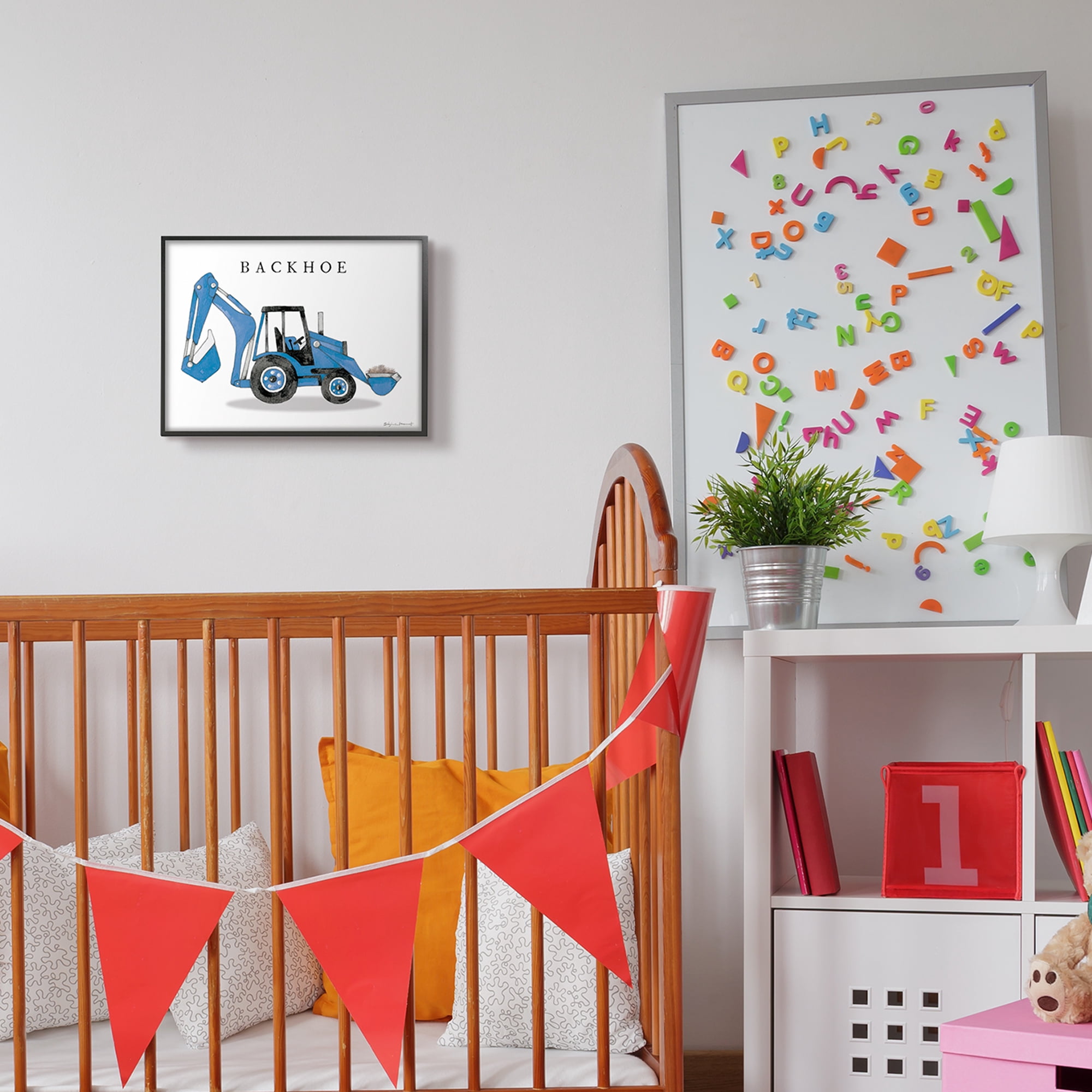 Stupell Industries Blue Backhoe Construction Truck Demolition Vehicle Transportation Painting Black Framed Art Print Wall Art, 11 x 14