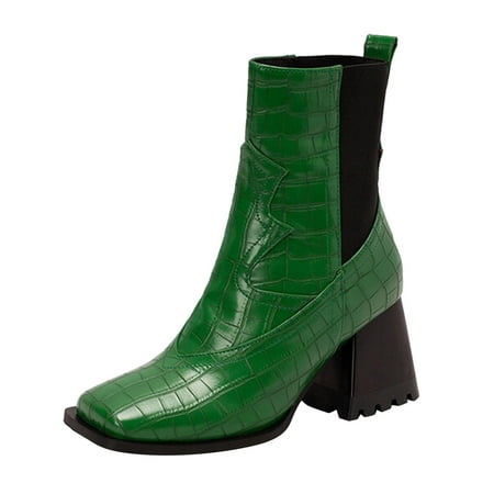 

Dyfzdhu Women s Fashion Colorblock Leather Face Square Toe High Heel Elastic Mid Boots