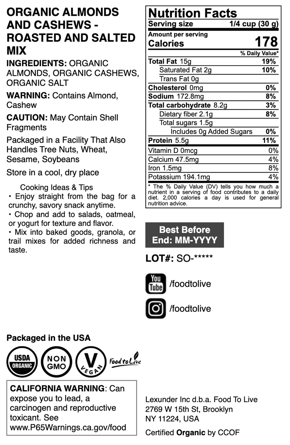 Organic Almonds and Cashews Roasted and Salted Mix, 1 Pound — Non-GMO, Vegan — by Food to Live