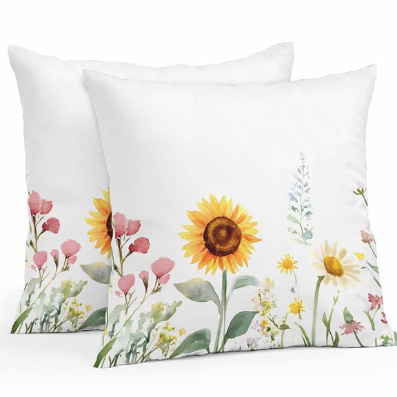 Pastoral Flowers Outdoor Pillow Covers Pack of 2 Sunflower Plants Leaves Waterproof Throw Pillow Covers Decorative Cushion Cases for Patio Garden Tent Balcony Couch 26x26 inch