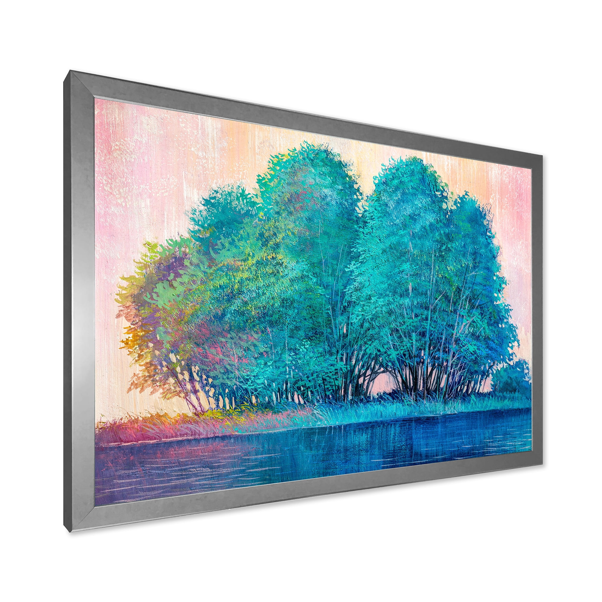 Designart 'Blue Coloured Tree Impression By Lakeside' Lake House Framed Art Print