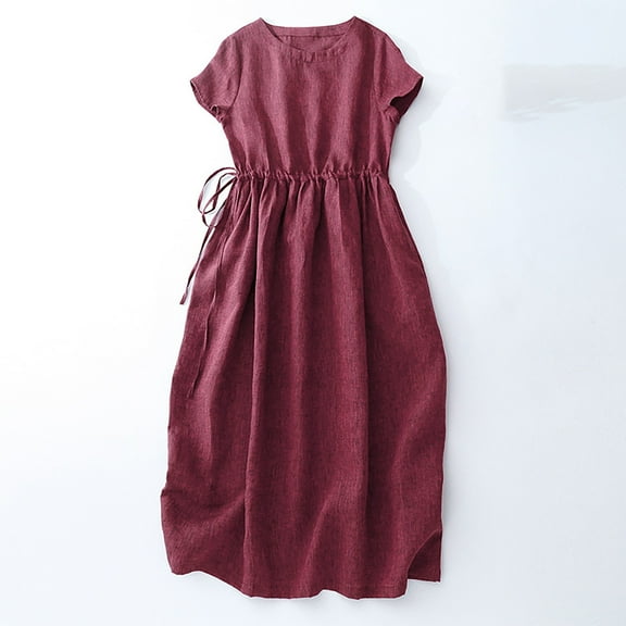 THDHVS Maxi Dresses for Women 2025,Women's Casual Dresses,Fashion Round Neck Loose Dress for Women Solid Drawstring Waist Soft Dress Wine XL