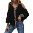thumbnail image 4 of USSUMA Women's Sexy Cold Shoulder Tops and Blouses Trendy Leopard V Neck Blouse Button up Lantern Sleeve Shirt Tops Dressy, 4 of 7