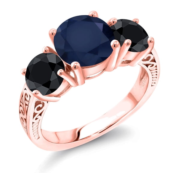 Gem Stone King 18K Rose Gold Plated Silver Blue Sapphire and Black Sapphire Engagement Ring for Women | 4.76 Cttw | Round 8MM | Gemstone September Birthstone | Size 9