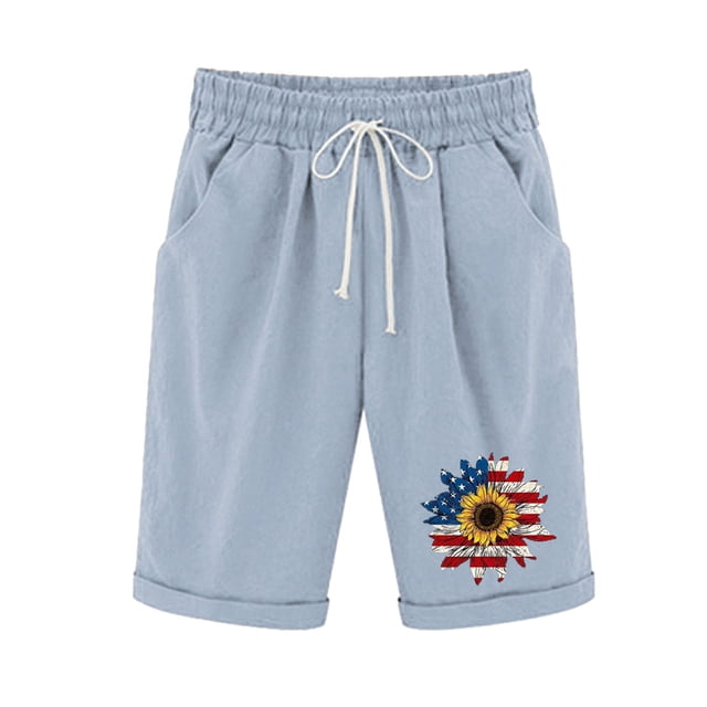 Pantalones Cortos Casuales para Mujer Día de la Independencia Impreso Elástico de la Cintura, Pantalones Cortos de Verano para Mujeres