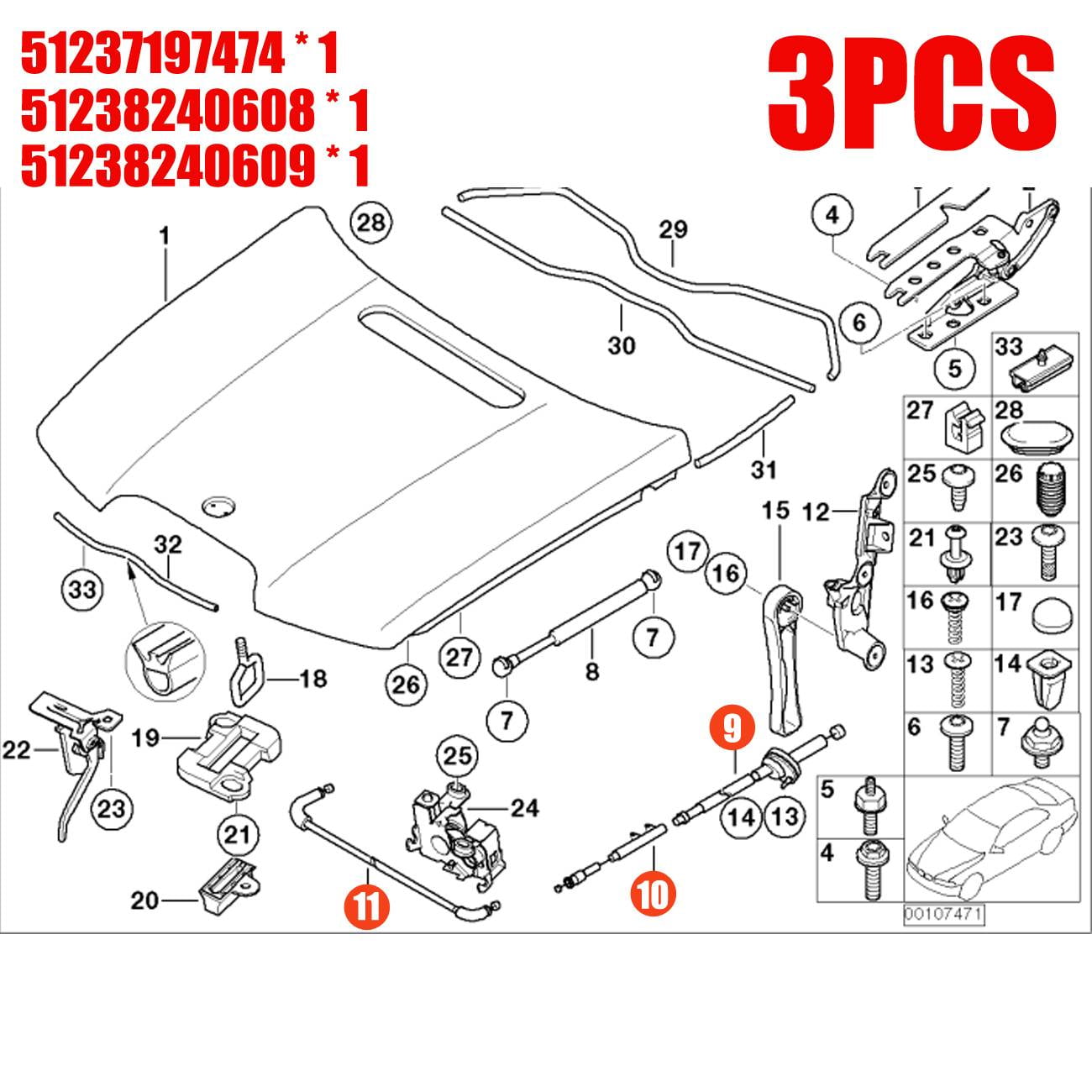 OE # 51237197474 Engine Hood Release Cable Bowden Cable Kit 3PCS Fits select: 2006 ,2008 BMW 750 LI
