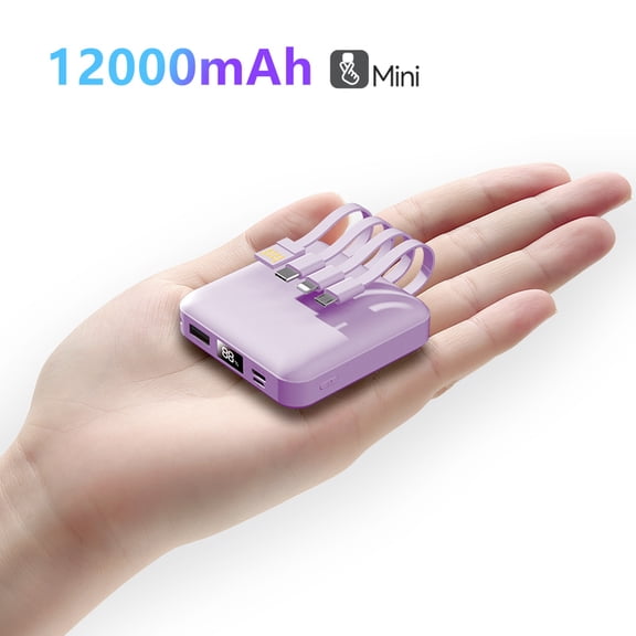 12000mAh Portable Power Bank with 4 Built-in Cables, Mini Compact Charger Can Charge 4 Mobile Phones Simultaneously, LED Digital Display, Travel Friendly for iPhone Samsung Android