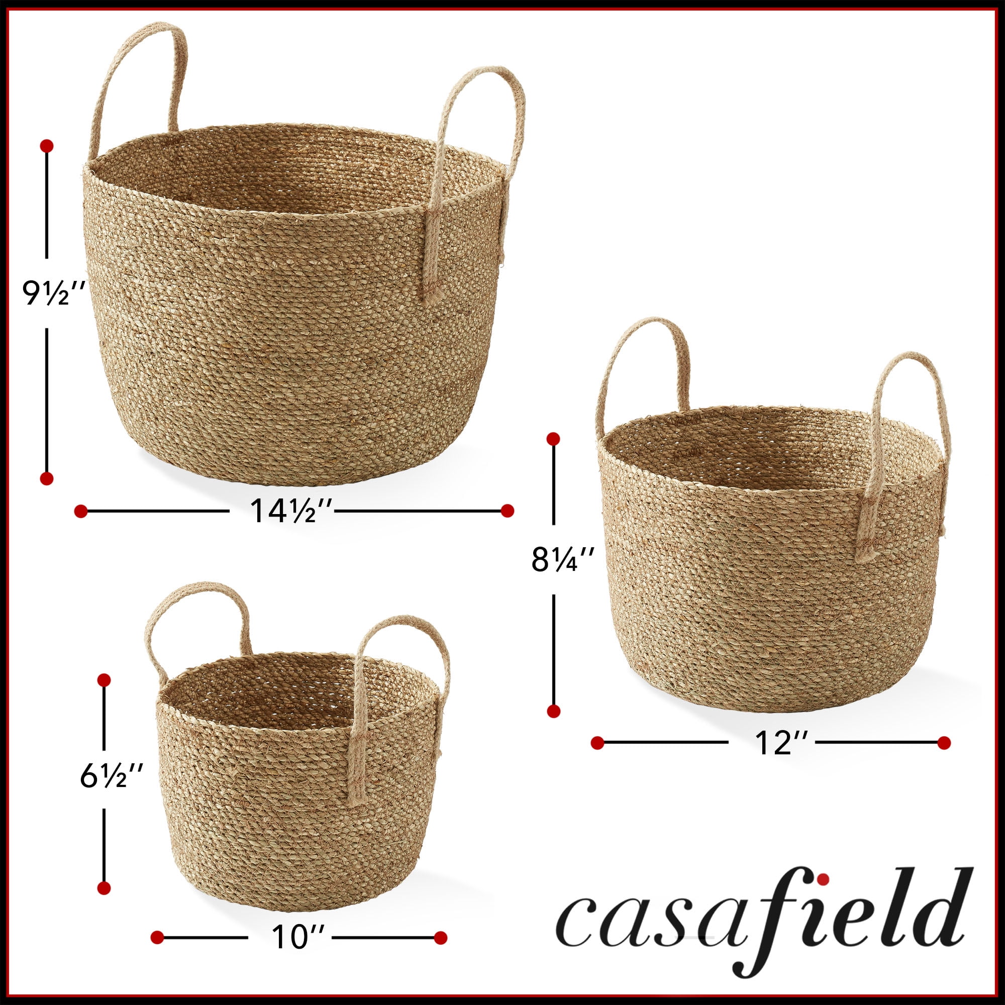 Casafield (Set of 3) Braided Seagrass Basket Planters, Natural Woven Storage Bins for Boho Home Decor, Indoor Plant Pot Covers