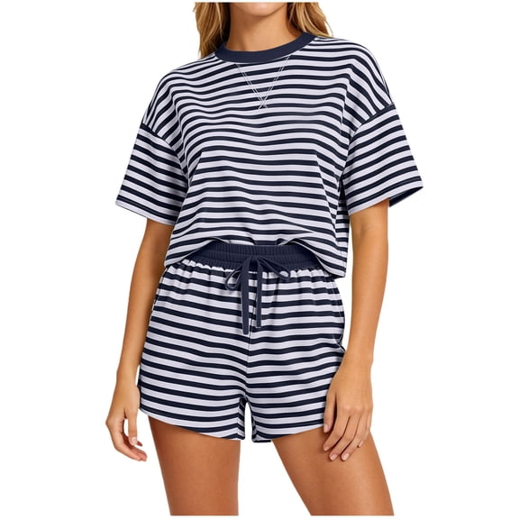 PRINxy Women's Striped 2 Piece Casual Set, Crew Neck Short Sleeve Tee Elastic Waist Drawstring Shorts Soft Summer Loungewear Blue M