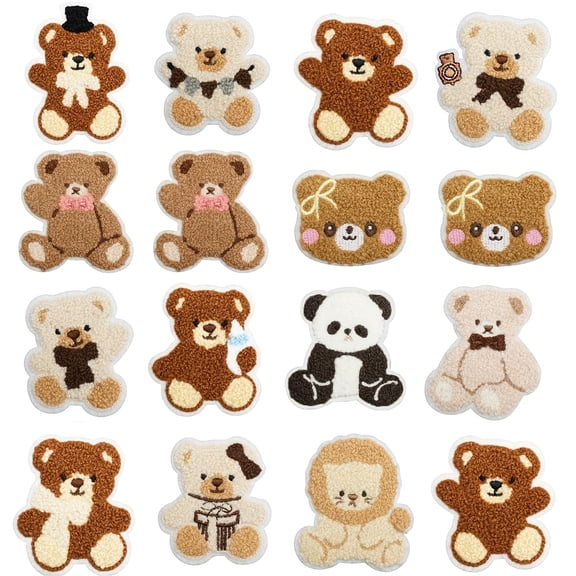 16pcs Plush Bear Iron/ Sew On Patches, Little Bear Chenille Embroidered Applique, DIY Decoration for Clothes, Hat, Bag, Jeans, Dress, Shirt