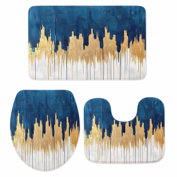 Blue Gold Bath Mat 3 Piece Bathroom Rug Set, Modern Street Art Splatter Foil Painting Non Slip Bath Rug Contour Mat and Toilet Lid Cover, Absorbent Shower Mats Soft Bath Rugs and Mats Sets
