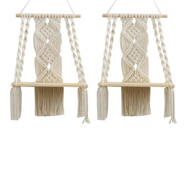 2X Estante para Colgar En la Pared de Macramé Bohemio, Colgante de Almacenamiento Flotante de Madera con Borlas Tejidas A Mano para Decoración de la Pared del Hogar
