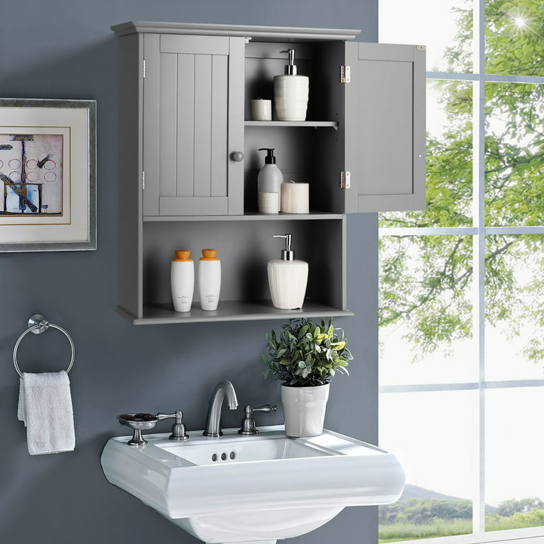 Wall Mount Bathroom Cabinet Storage Organizer with Doors and Shelves-Gray | Costway