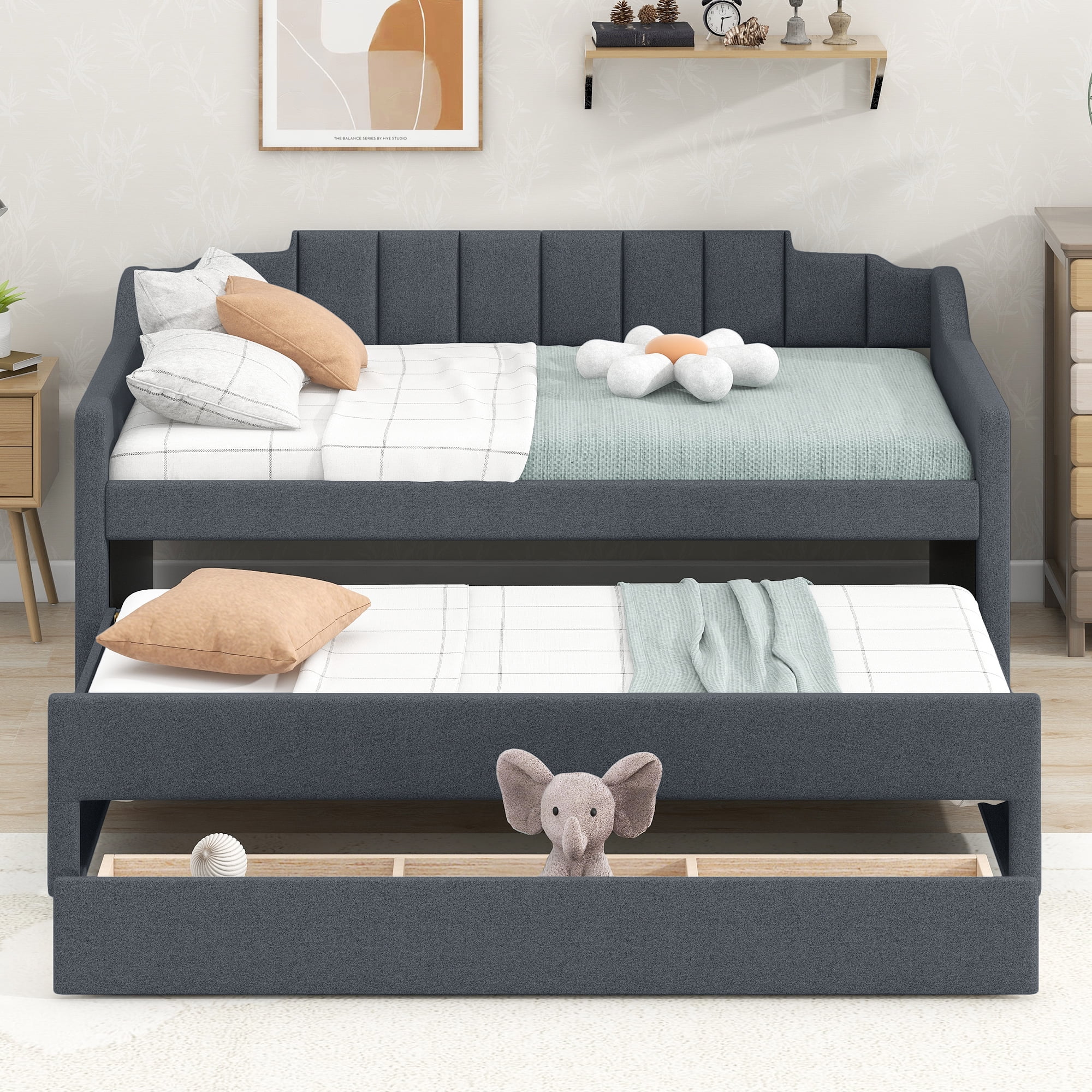 MAYEERTY Twin Size Upholstered Daybed with Trundle and Three Drawers,Grey