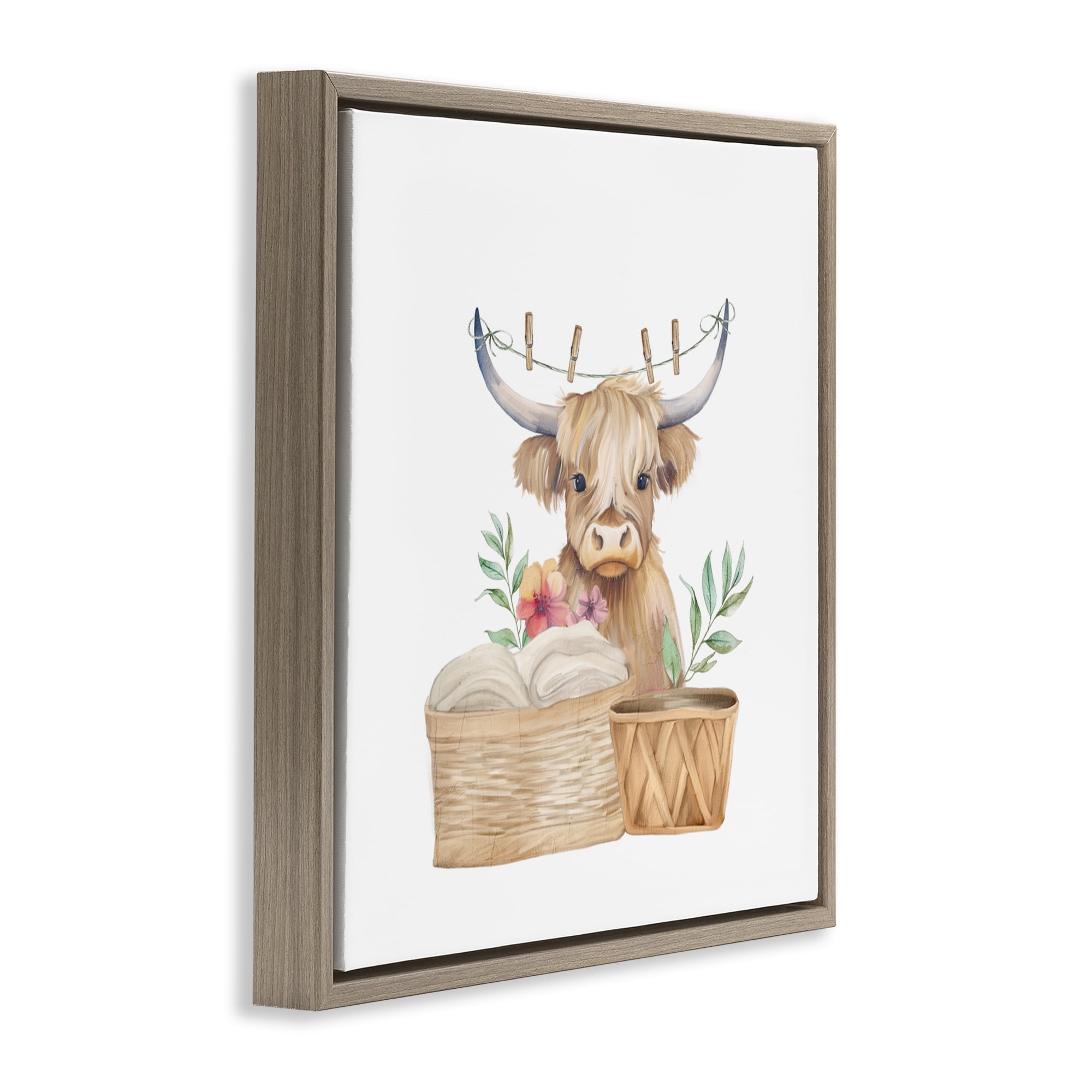 Laundry Day Baby Cattle Brown Framed Floater Canvas Wall Art, design by Kim Allen