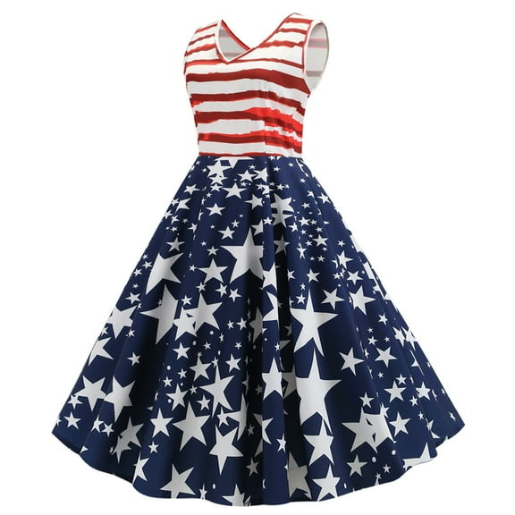 2026 ! 50% Off Clear! asdoklhq Womens Plus Size Dresses,Women Vintage Sleeveless V Neck American Flag Printing Evening Party Swing Dress