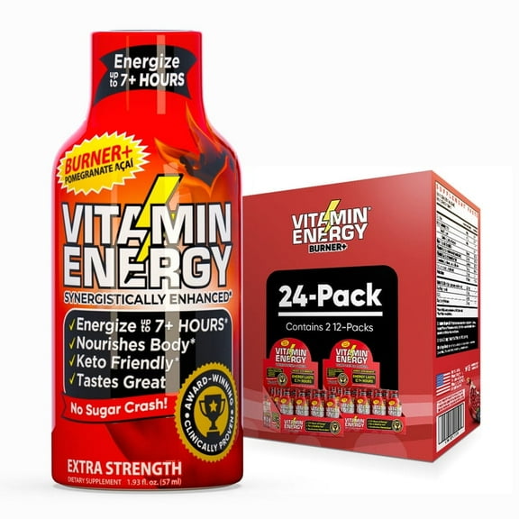 Vitamin Energy Burner  Extra Strength Shot, Pomegranate Açaí, 24 Pack – 260mg Natural Caffeine, 25mg Ketones & EGCG, Zero Sugar, 1.93 fl oz