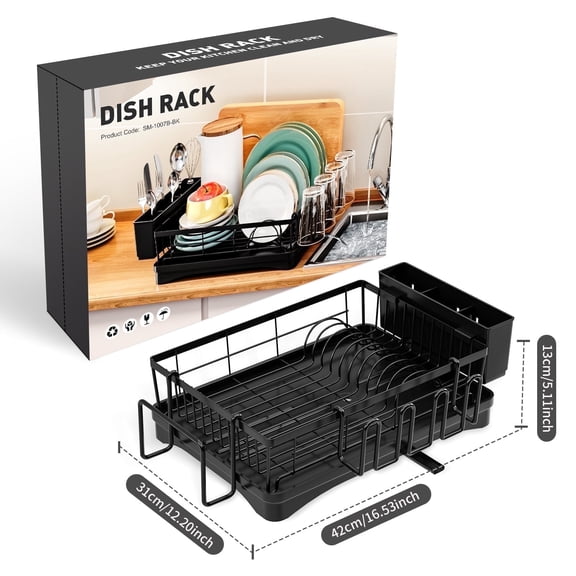 Luckytree Dish Drying Rack with Drain Board Utensil Cup Holder Space-Saving Dish Strainer Kitchen Counter Organizer