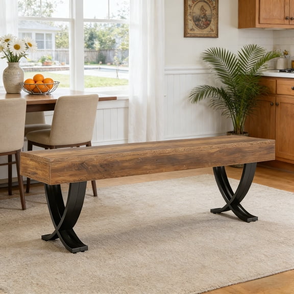 Fnova 55" Entryway Bench, Farmhouse Long Shoe Bench, Backless Wooden Seat for 2-3, End of Bed Stool with Metal X-Shaped Legs, Kitchen Table Seat Dining Seat for Entryway, Hallway, Living Room