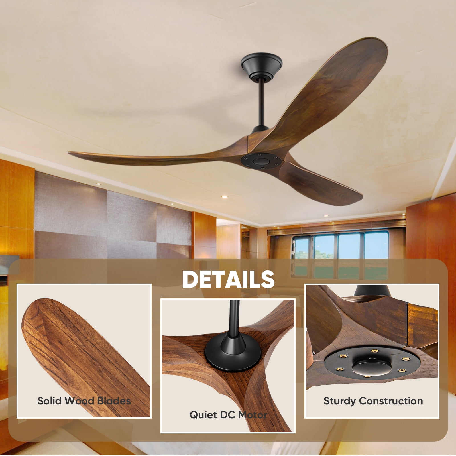 52 inch Wood Ceiling Fan No Light, Remote Control 1/4/8H Timer, 6 Speed Quiet Reversible DC Motor
