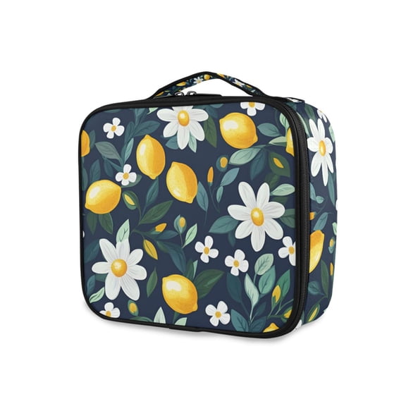 FORMRS Travel Makeup Bag Large Capacity Train Case Cosmetic Organizer with Adjustable Dividers, Lemon Flowers