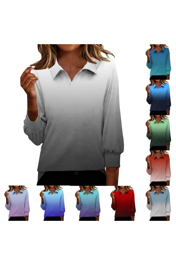Blouse for Women Gradient Print Collared 3/4 Sleeve Spring Summer Office Wear