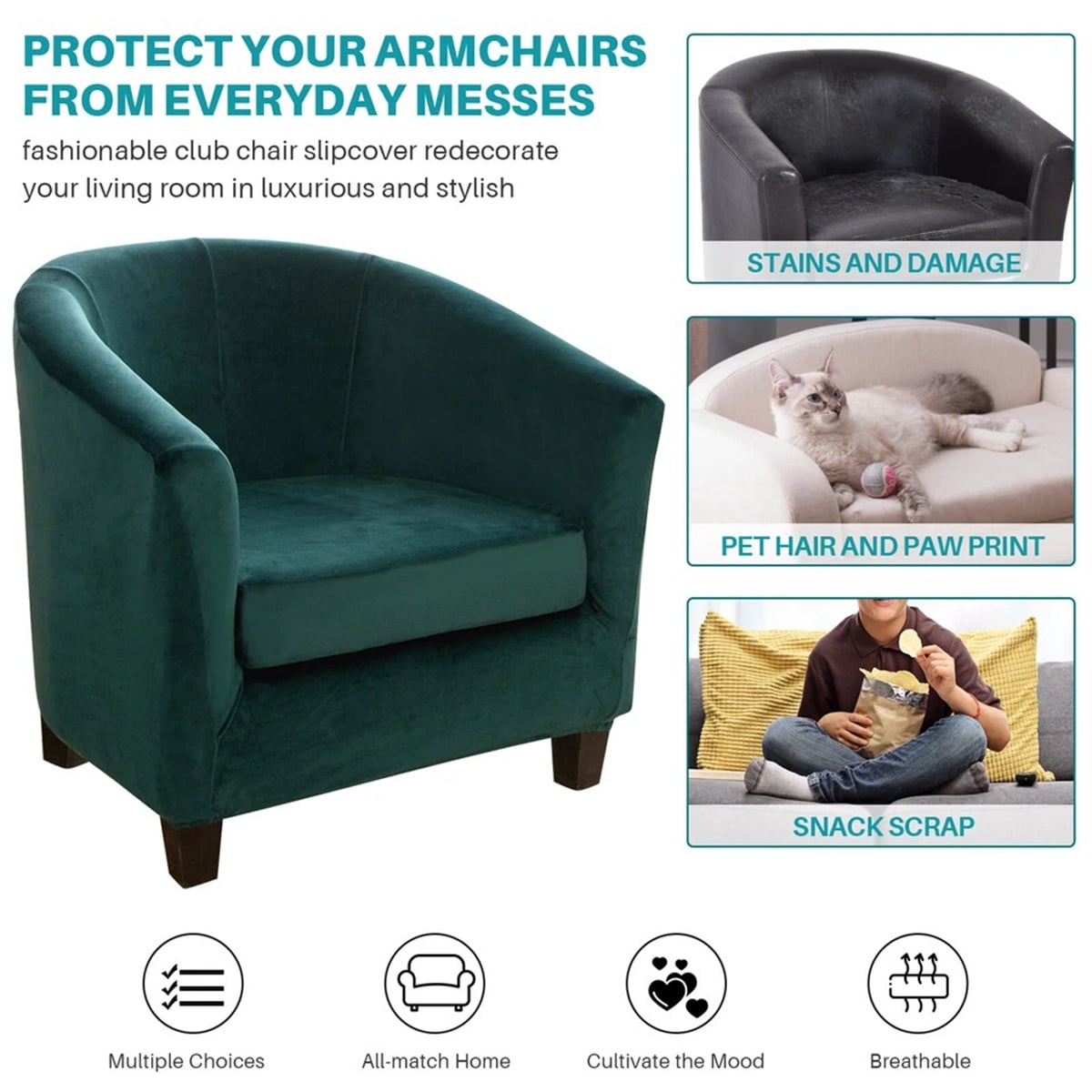Eurhowing Stretchable Tub Chair Slipcover, 2-Piece Velvet Soft Armchair Cover with Cushion Cover, Elastic Fit Club Chair Sofa Couch Slipcover, 1-Pack, Dark Green