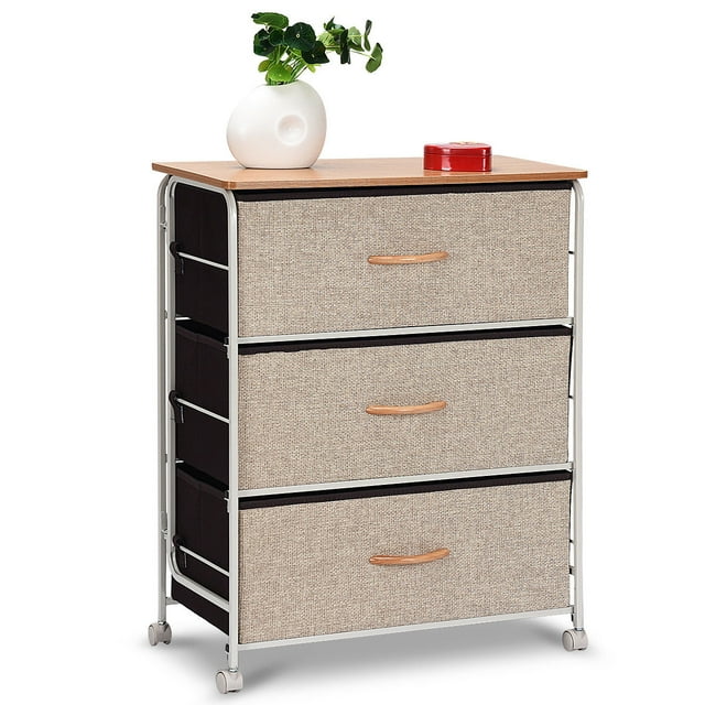 Costway 3 Tiroirs Tissu Rangement Organisateur Unité Côté Table Commode Armoire W / Roues
