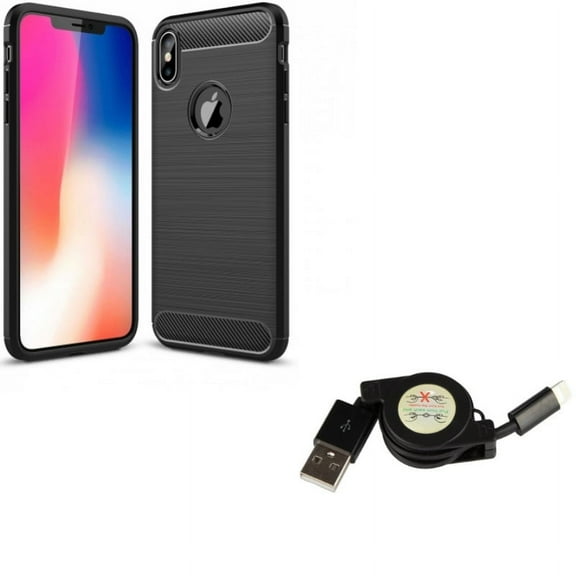 Retractable USB Cable w Carbon Fiber Case for iPhone XS Max - Charger Power Cord Sync Wire and Slim Fit Cover Reinforced Bumper Shock Absorbent Black