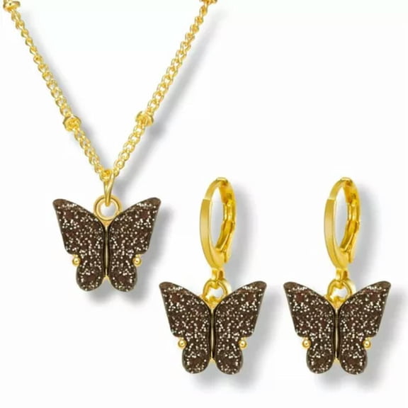 EOEMY Butterfly Acrylic Sequins Clavicle Pendant Necklace Earrings Women'S Jewelry Set-Brown Sequins