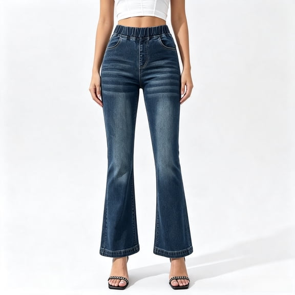 Women's High Waisted Stretch Pull On Flare Jeans with Elastic Waistband, Dark Wash Bootcut Denim Pants with Faded Detail and Wide Hem