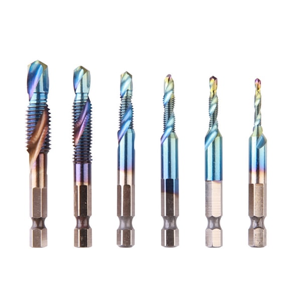 Ensemble de 6 Robinets de Perceuse Métrique Longs HSS 4341 à Revêtement Bleu avec Tige Hexagonale - Kit d'Outils Tout-en-un pour Perçage, Taraudage et Ébavurage pour Tailles M3-M10, Emballé dans un Sac en Plastique