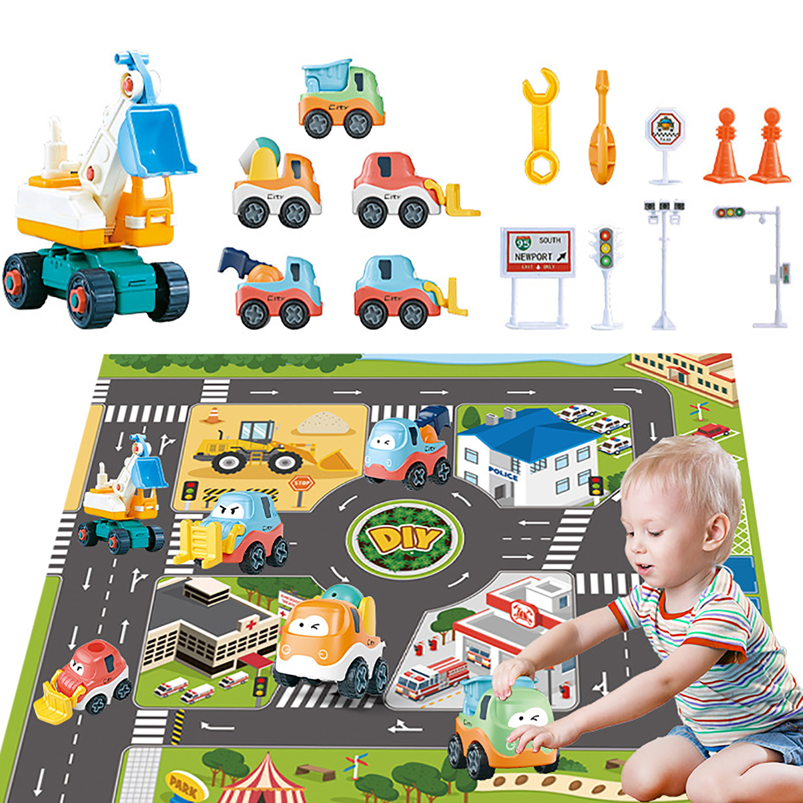 DSstyles Construction Vehicle Playset with Play Mat, Truck Carrier