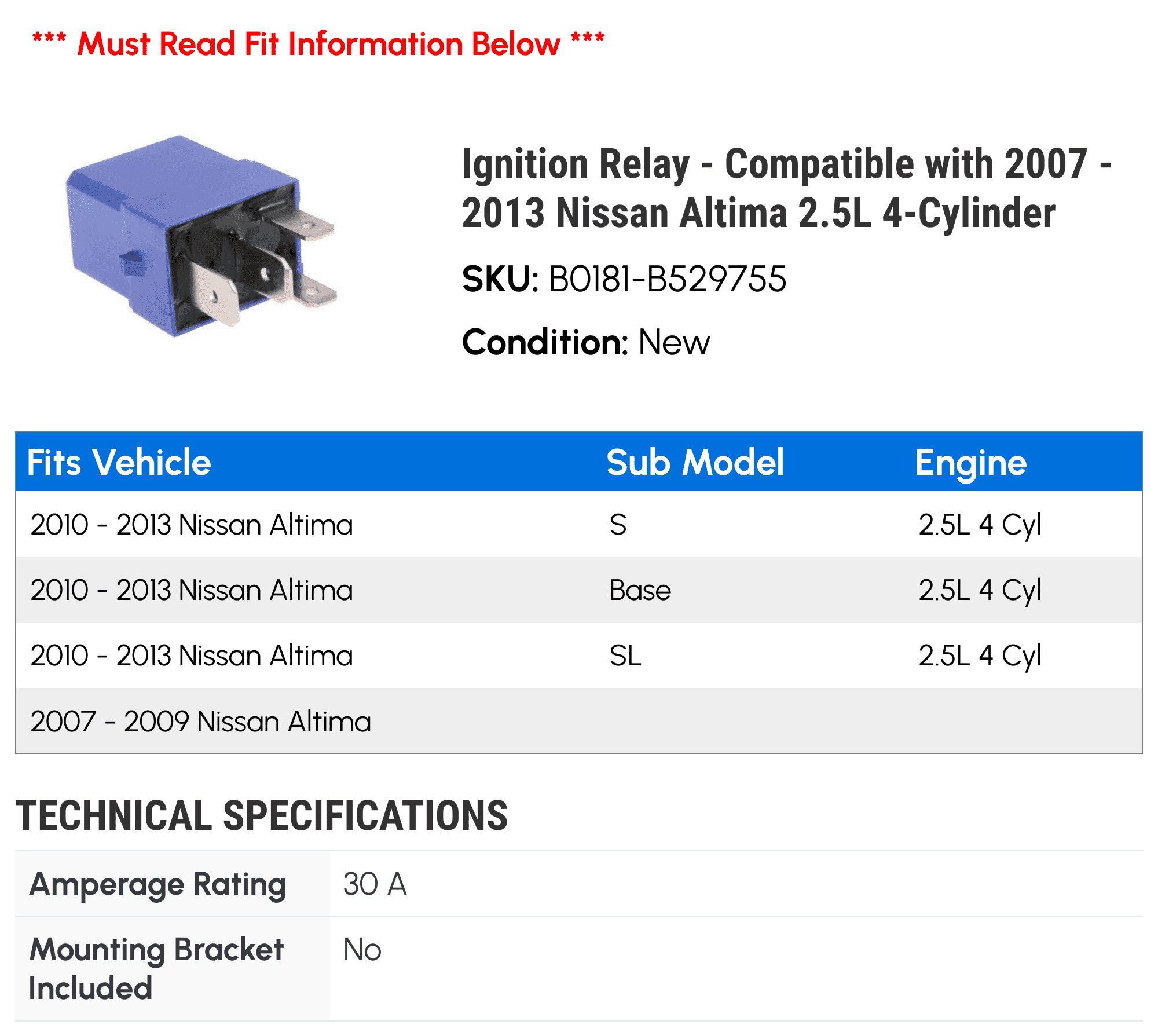 Ignition Relay - Compatible with 2007 - 2013 Nissan Altima 2.5L 4-Cylinder 2008 2009 2010 2011 2012