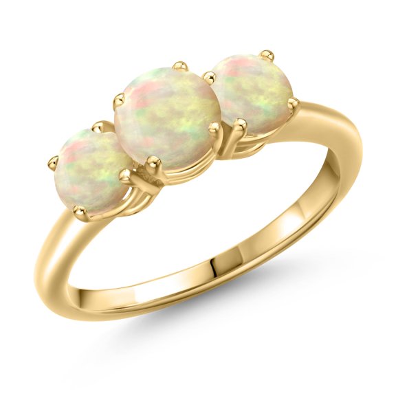 Gem Stone King 18K Yellow Gold Plated Silver White Ethiopian Opal Engagement Ring for Women | 1.16 Cttw | Round Cabochon 6MM | Gemstone October Birthstone | Size 6
