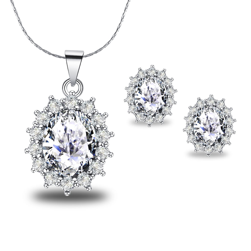 Paris Jewelry 18K White Gold Created Diamond Round 2 Carat Oval Necklace Plated 18 inch