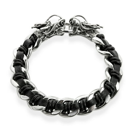 Crucible Stainless Steel Dragon Heads Clasp Black Leather Curb Chain Link Bracelet (16mm), 9