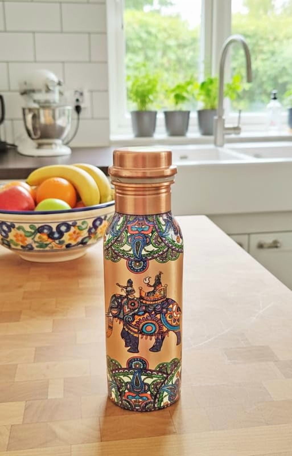 IMTRA FASHION Small Copper Water Bottle Combo 17 OZ/500 ML Color Engraving Work Drinking Flask Ayurvedic Leakproof Bottle for Sports, Yoga