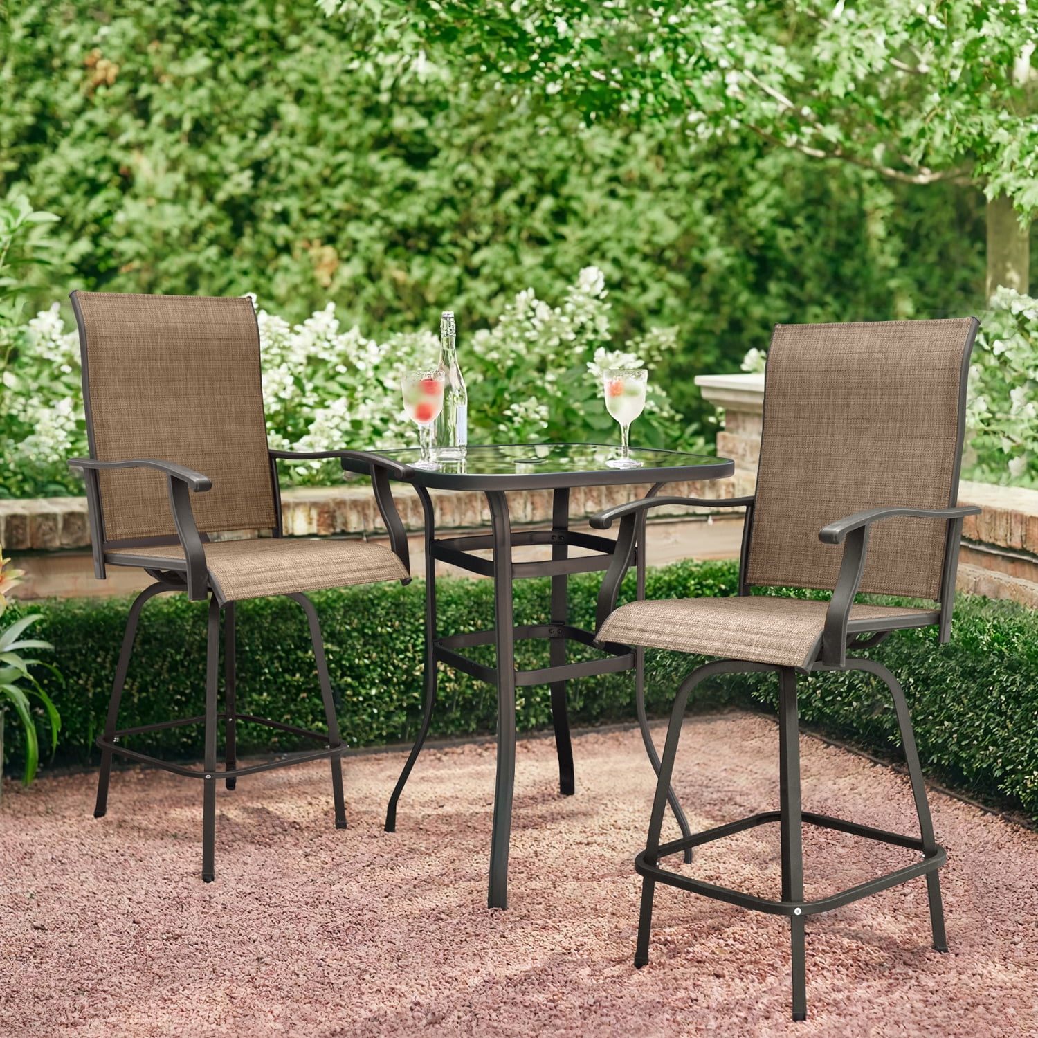 Vineego 3PCS Textilene Swivel Bar Sets, High Bistro Sets,2 Bar Stools and Bar Table