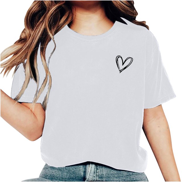 AherBiu Hauts d'Été pour Femmes Manches Courtes T-Shirts Confortables Imprimé Cœur Col Rond Basiques Blouse