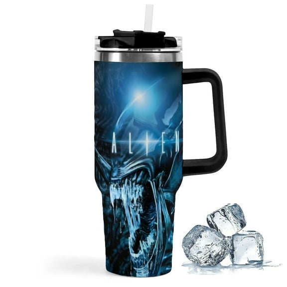 Alien-theme Insulated Stainless Steel Tumbler with Handle Gifts For Family Friends Fans and Straw Fits in Standard Cup Holder 40 OZ