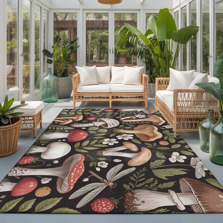 Area Rug 3x5ft, Autumn Forest Mushroom Leaf Washable Rugs for