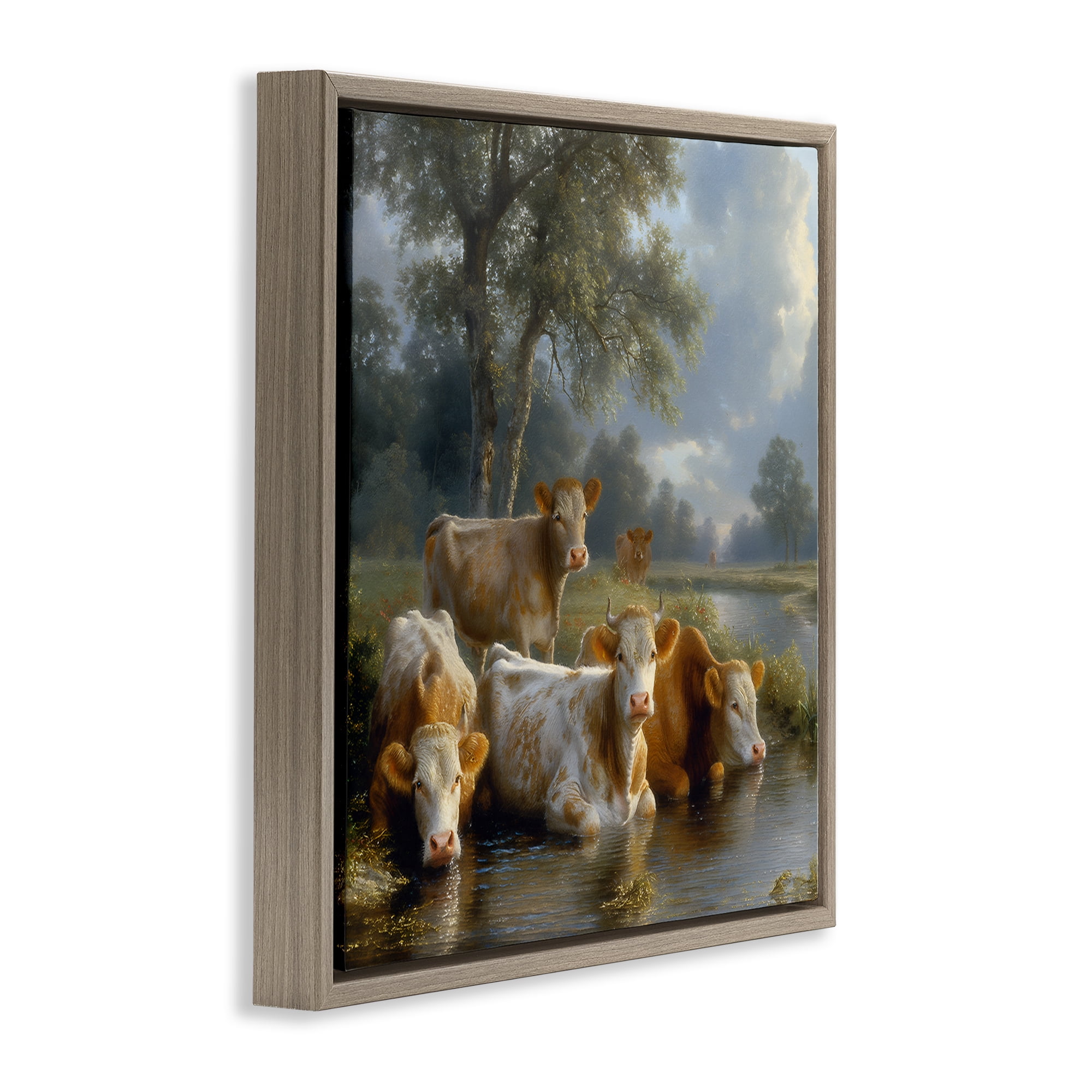 Stupell Industries Cow Family at Creek Animals Painting Brown Floater Framed Canvas Art Print Wall Art, 18 x 18