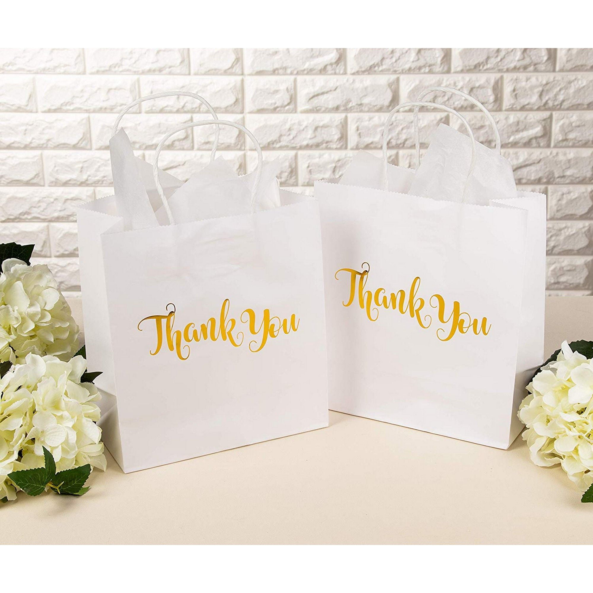 Elegant Paper Gift Bags with ‘’Thank You’’ Embossed in Rose Gold Foil Letters 12 Pack Thank You Gift Bags White Wedding Party Perfect for Birthday Party Paper Favor Bags 4x 7x 9 Inches