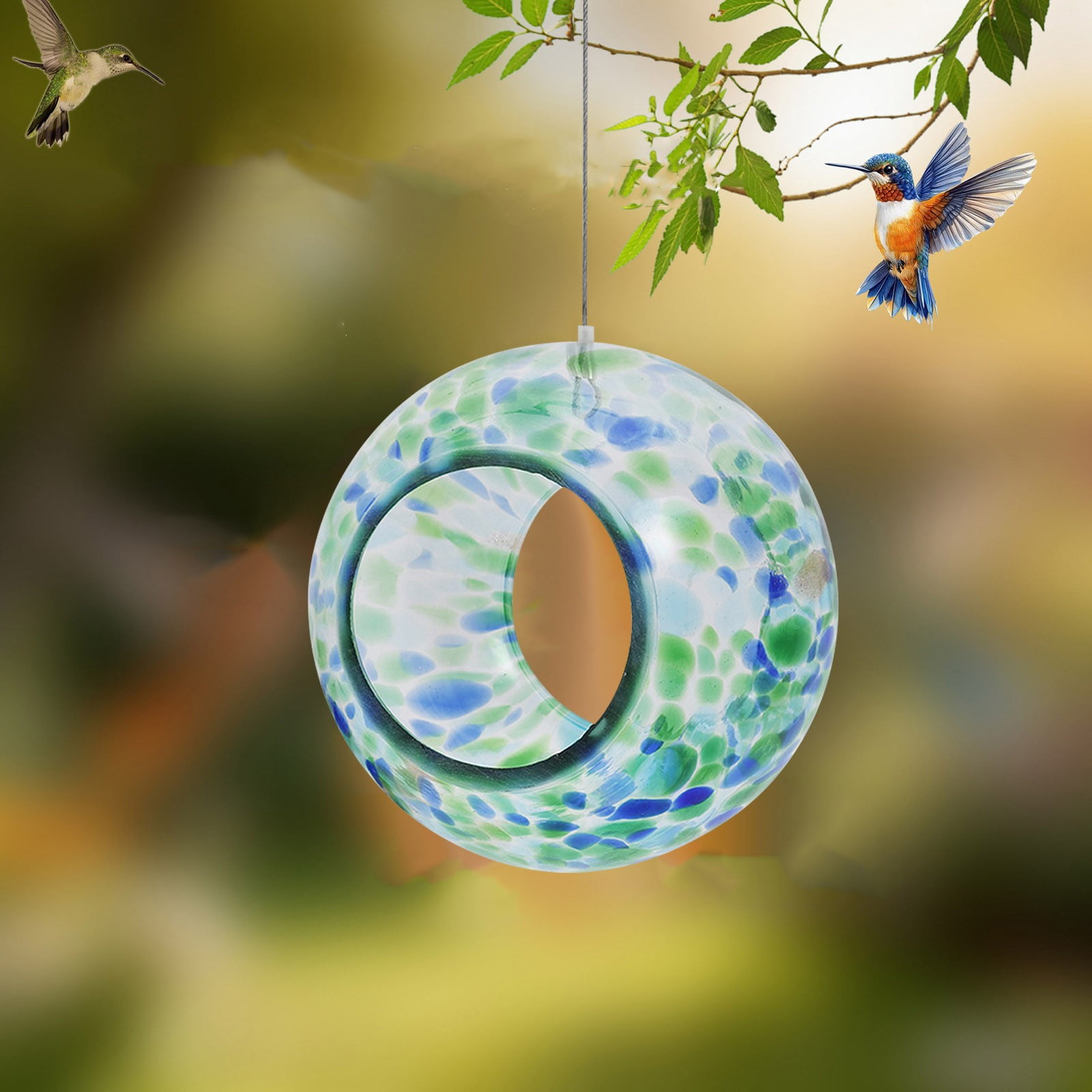 Stained Glass Hummingbird Feeder, Outdoor Hanging Bird Feeder for Garden, Circular Glass Bird Feeder for Hummingbirds, Decorative Wild Bird Feeder for Yard Patio Outside