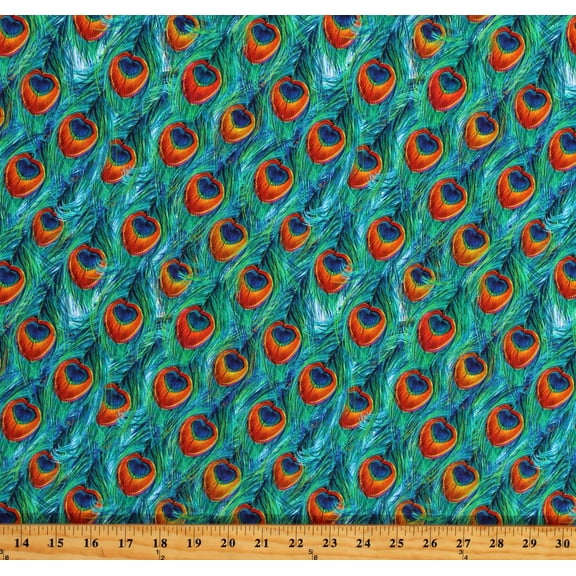 Cotton Peacocks Birds Feathers Plumes Plumage Green Blue Orange Gold Cotton Fabric Print by the Yard (119634)