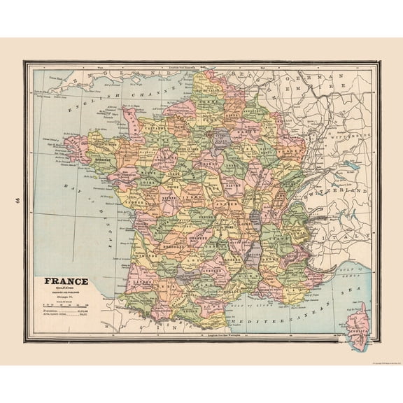 Historic Map - France - Cram 1888 - 28.25 x 23 - Vintage Wall Art