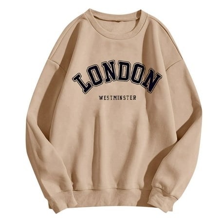 AOMPMSDX Women S Hoodies Fashion Casual Long Sleeve Crew Neck Sweatshirts Printed Pullover Hoodless Sweatshirts Top Khaki Casual Outfits XXL