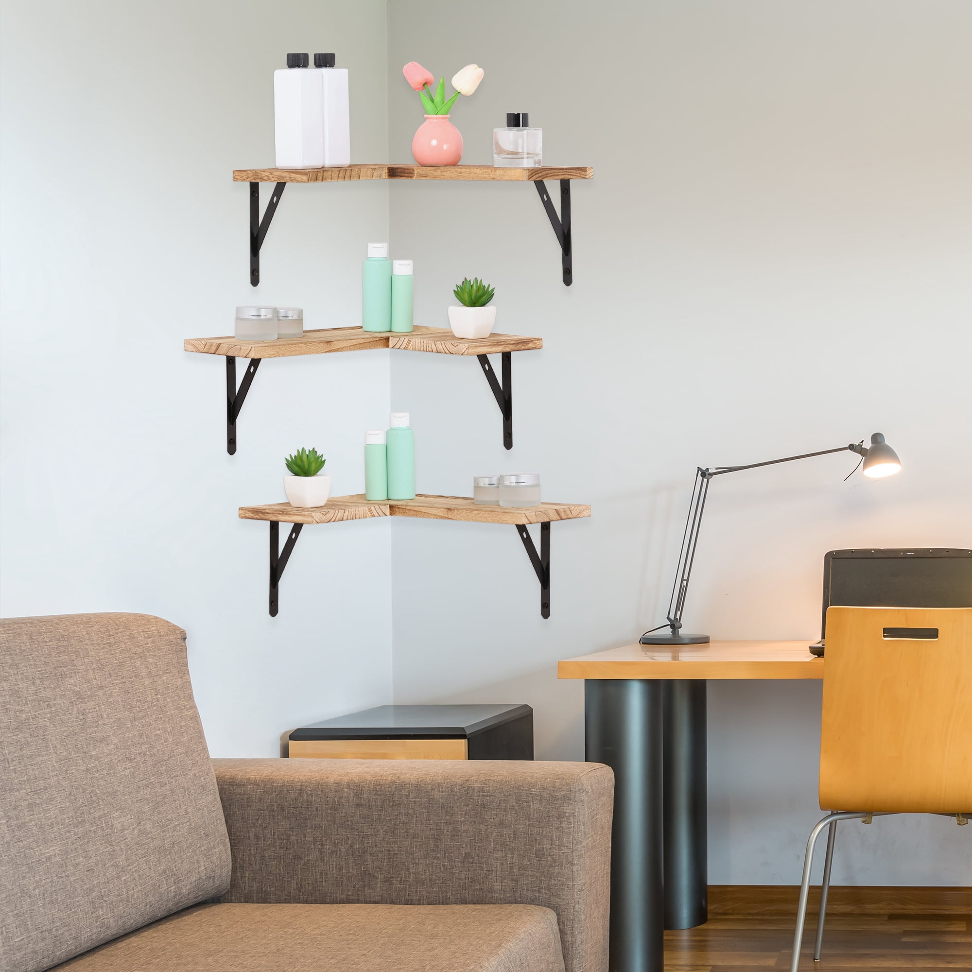 Unique Bargains Wood Floating Shelves Set of 3 Wall Mounted Shelves Light Brown 15.7"